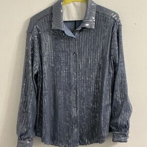 NWT Rachel Zoe Blue Gray Sequin Button Down Lined Shirt Medium